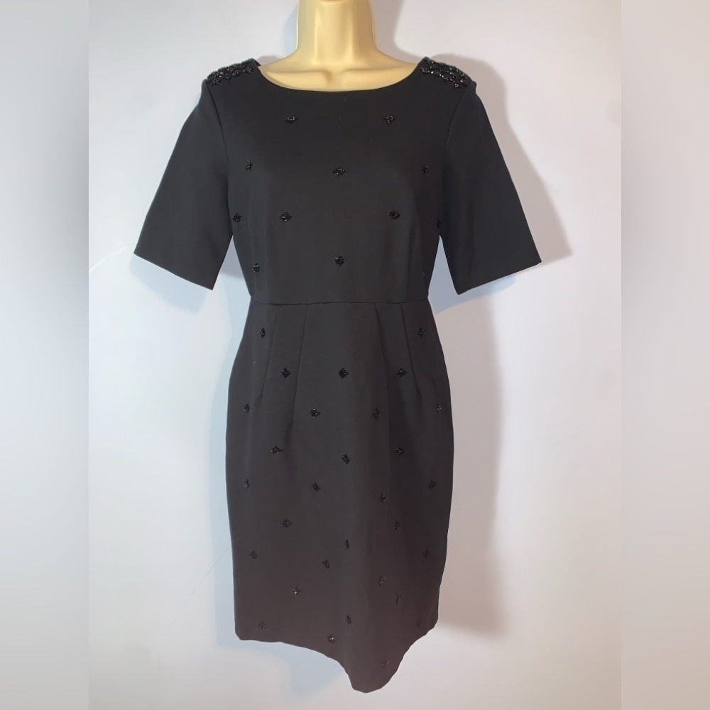 Lands end Black Beaded short sleeve knee length Dress size 6 petite fitted